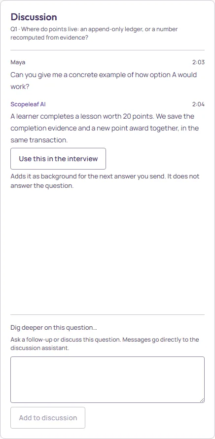 The Discussion panel for Q1: Maya asks for a concrete example of option A, Scopeleaf AI answers with one, a Use this in the interview button, and the Dig deeper on this question field with Add to discussion.