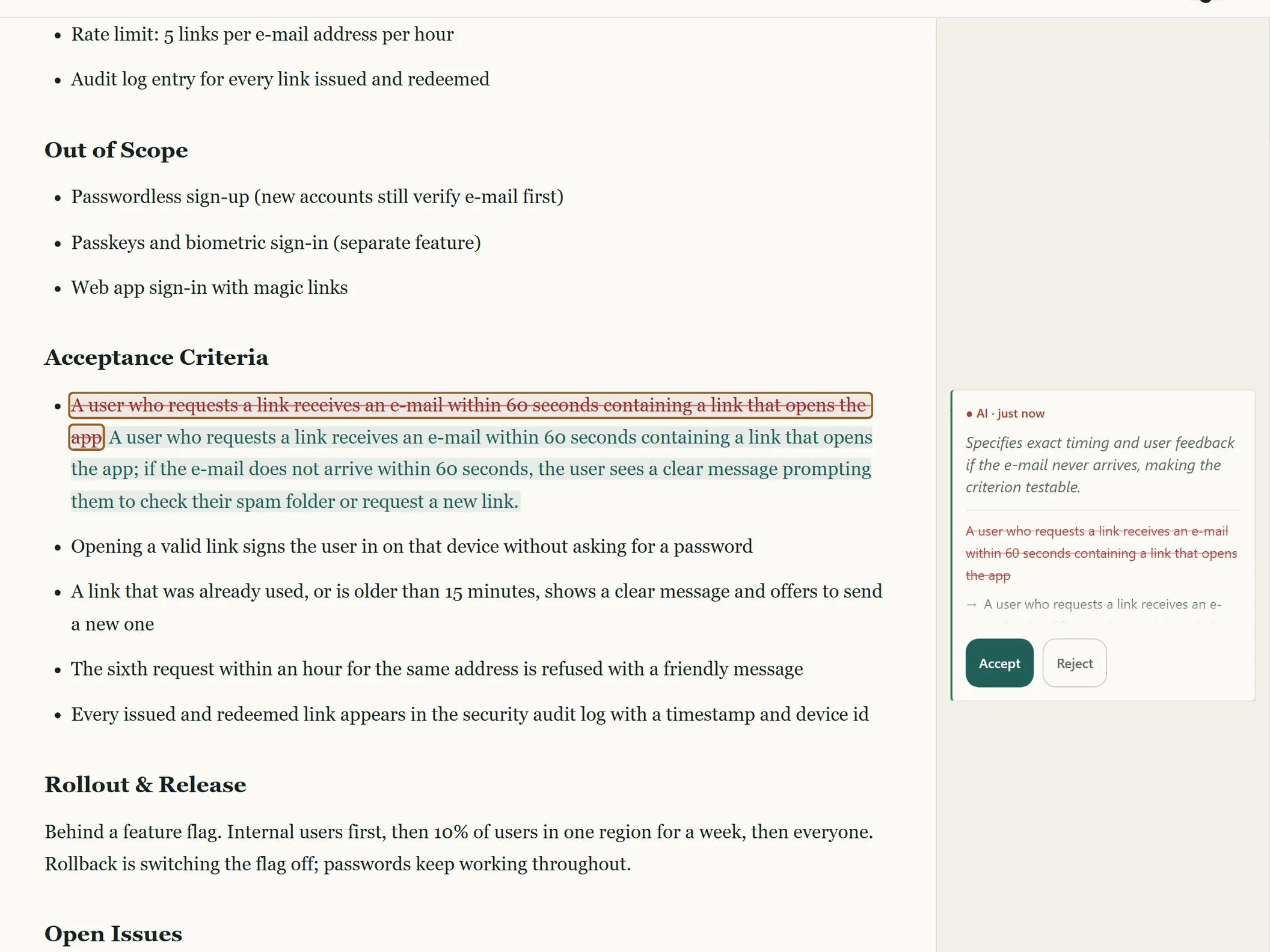 A pending AI replacement shown inline as a deletion and an insertion, with its Accept and Reject card beside the paragraph.