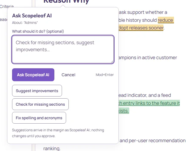 The Ask Scopeleaf AI sheet about a selected word: an optional instruction field, the Ask button, and three quick actions: Suggest improvements, Check for missing sections, Fix spelling and acronyms.