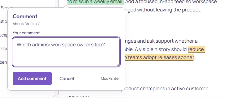 The comment sheet under a selection: Your comment, a text field, Add comment and Cancel, and Mod+Enter to submit.