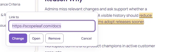 The link sheet on an existing link: the address filled in, and the buttons Change, Open, Remove, Cancel.