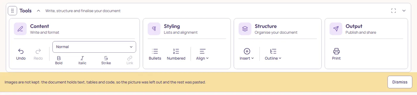 The notice bar: Images are not kept: the document holds text, tables and code, so the picture was left out and the rest was pasted. Dismiss.