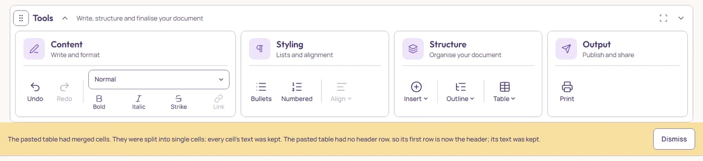 The notice bar under Tools: The pasted table had merged cells. They were split into single cells; every cell’s text was kept. Dismiss.