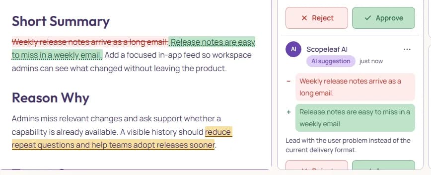 A paragraph with a red struck sentence and a green new sentence, and beside it the row proposing the replacement, with Reject and Approve.
