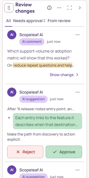 Review changes: the tabs All, Needs approval and From review over a list of rows, each with Reject and Approve.