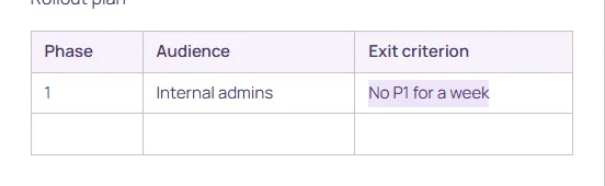A three-column table in the document with the header Phase, Audience, Exit criterion.