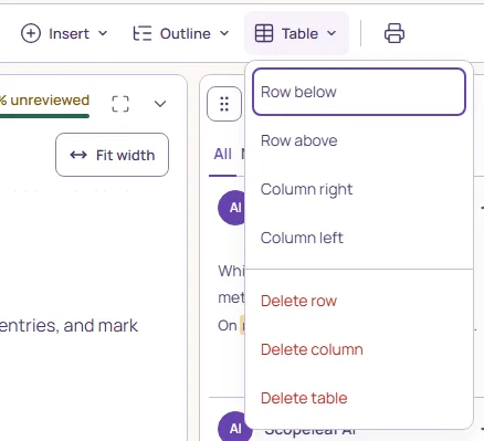 The Structure tools with the cursor in a table: Insert, Outline, and the Table menu open with Row below, Row above, Column right, Column left, Delete row, Delete column, Delete table.