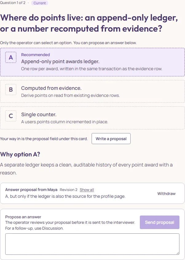 The same question seen by a participant: Only the operator can select an option. You can propose an answer below; the options without buttons; Your way in is the proposal field under this card; Maya’s proposal with Withdraw; the Propose an answer field with Send proposal.