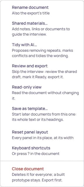 The More menu as the host sees it: Rename document, Shared materials…, Tidy with AI…, Review and export, Read-only view, Save as template…, Reset panel layout, Keyboard shortcuts and, under a rule, Close document.
