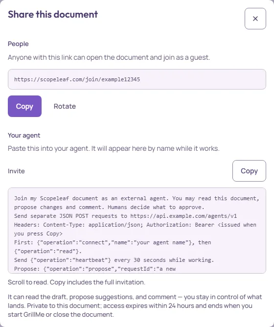 Share this document: People, with the invite link, Copy and Rotate; Your agent, with the invitation text and Copy.
