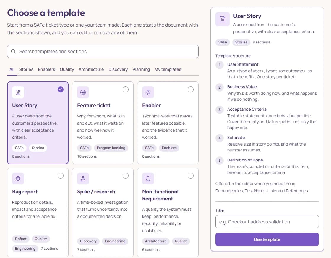 Choose a template: the category tabs over a grid of template cards, User Story selected, and beside it the panel with its sections, the Title field and the Use template button.