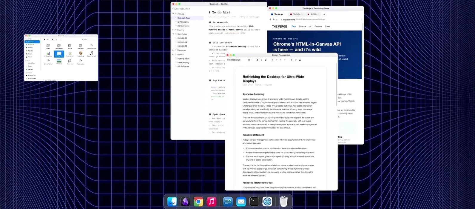 Scott Jenson's prototype: a desktop on an ultra-wide display, with windows kept in view at the edges over a curved grid.